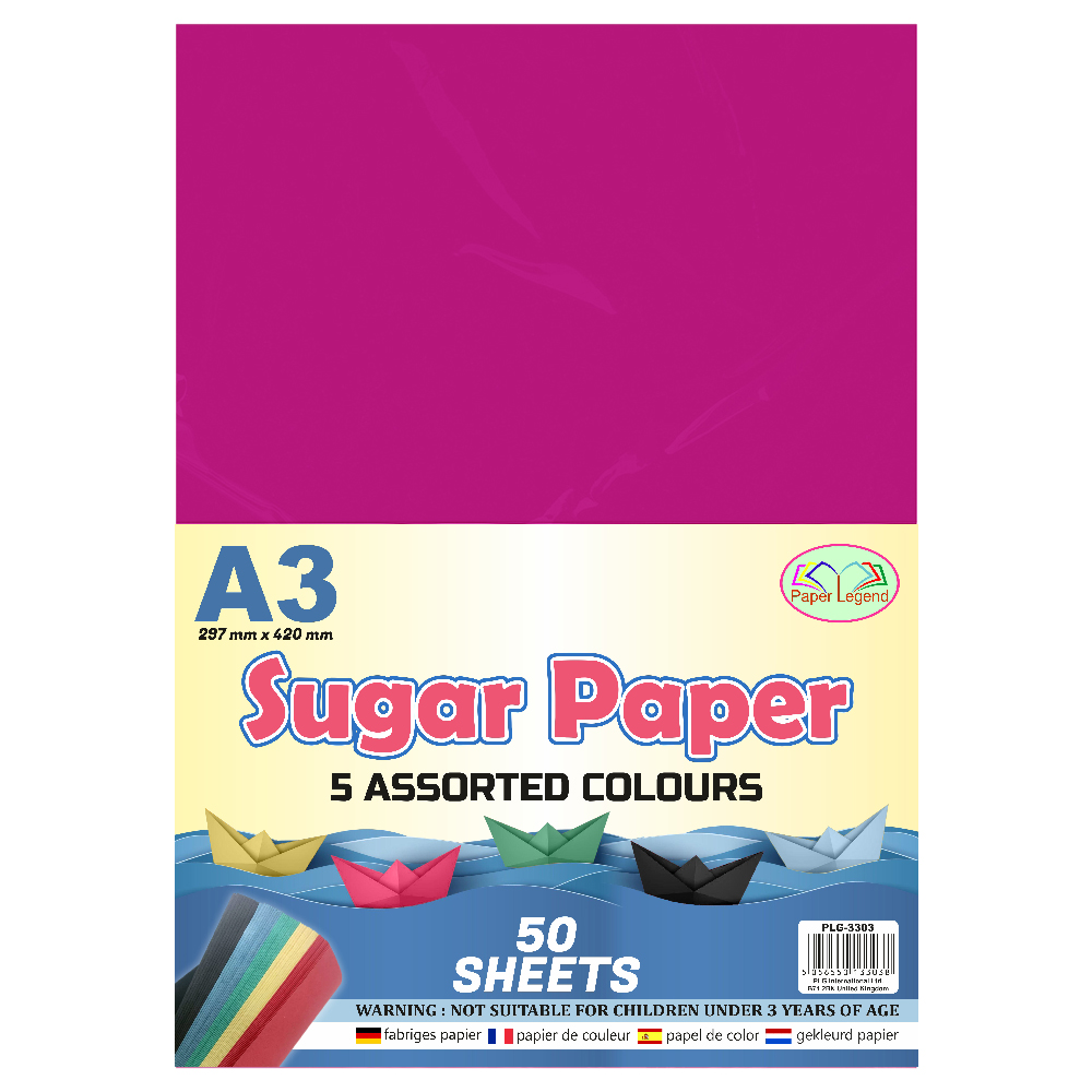 PLG A3 Sugar Paper 5 Assorted Colours 50 Sheets